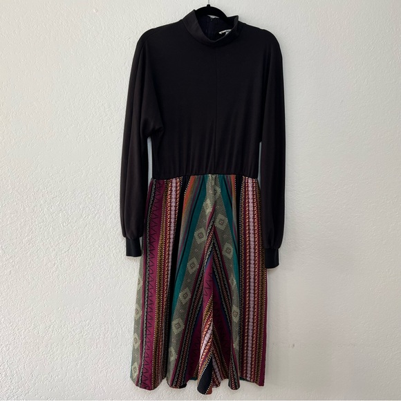 Orvis Dresses & Skirts - VTG Orvis Mock Neck Dress Aztec Patchwork Pockets Made USA Black Women's Size 12